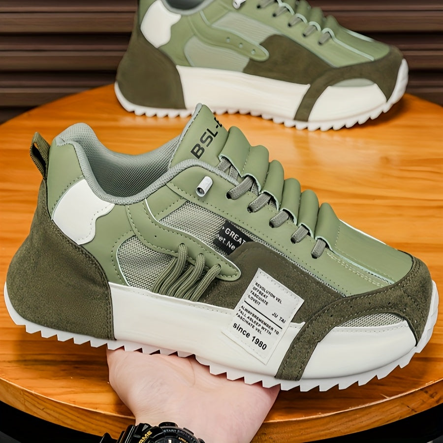 Men's fashion sneakers with solid color low top design, lace-up closure, breathable fabric upper, faux patches, PVC sole, cloth insole - trendy footwear for walking and skating.