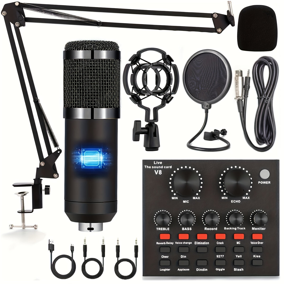 Podcasting kit includes BM800 mic, V8 sound card, and voice changer. USB/battery powered, great for recording, singing, streaming, and gaming.