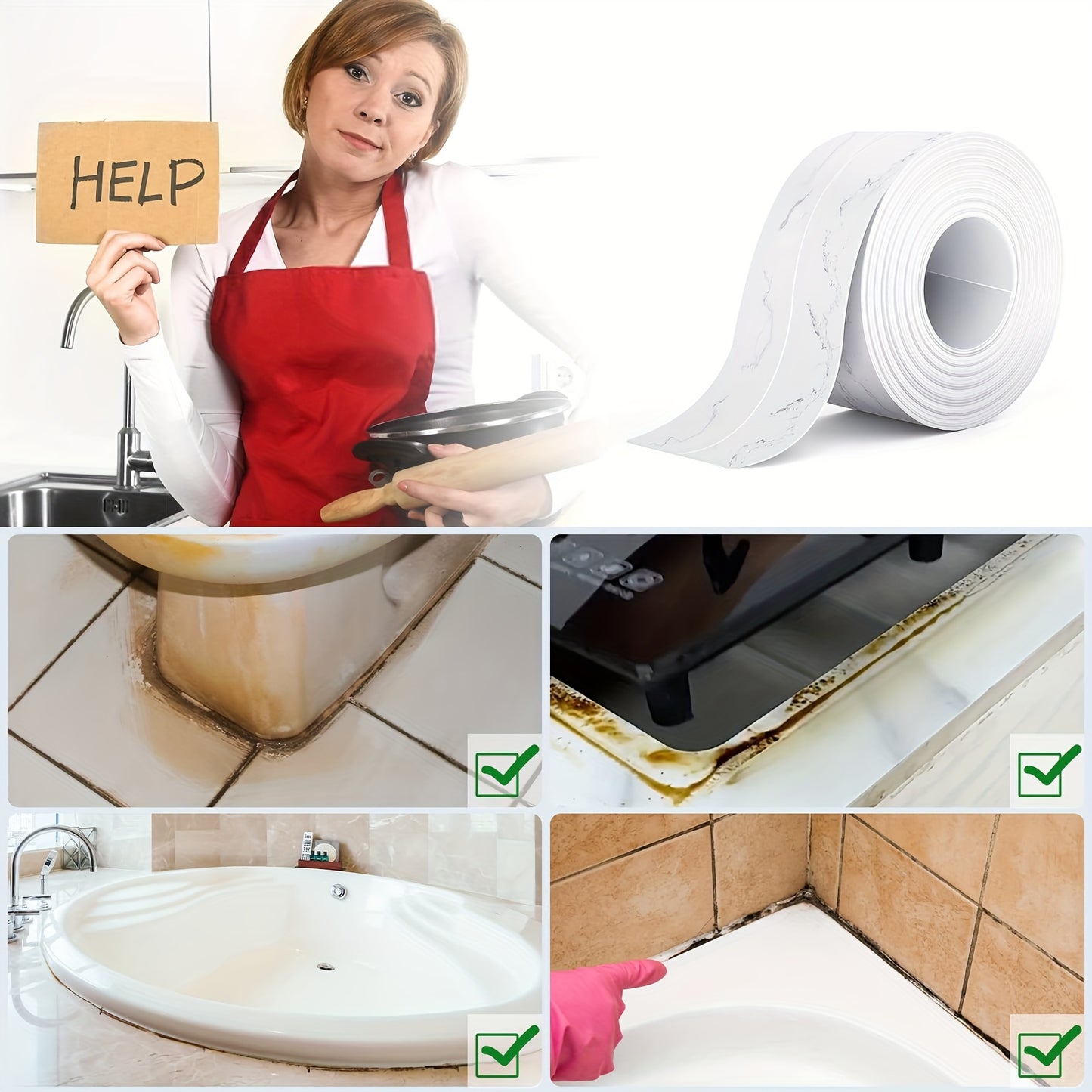 Self-adhesive waterproof caulk tape for bathroom and toilet seals, easy to apply with no power needed.