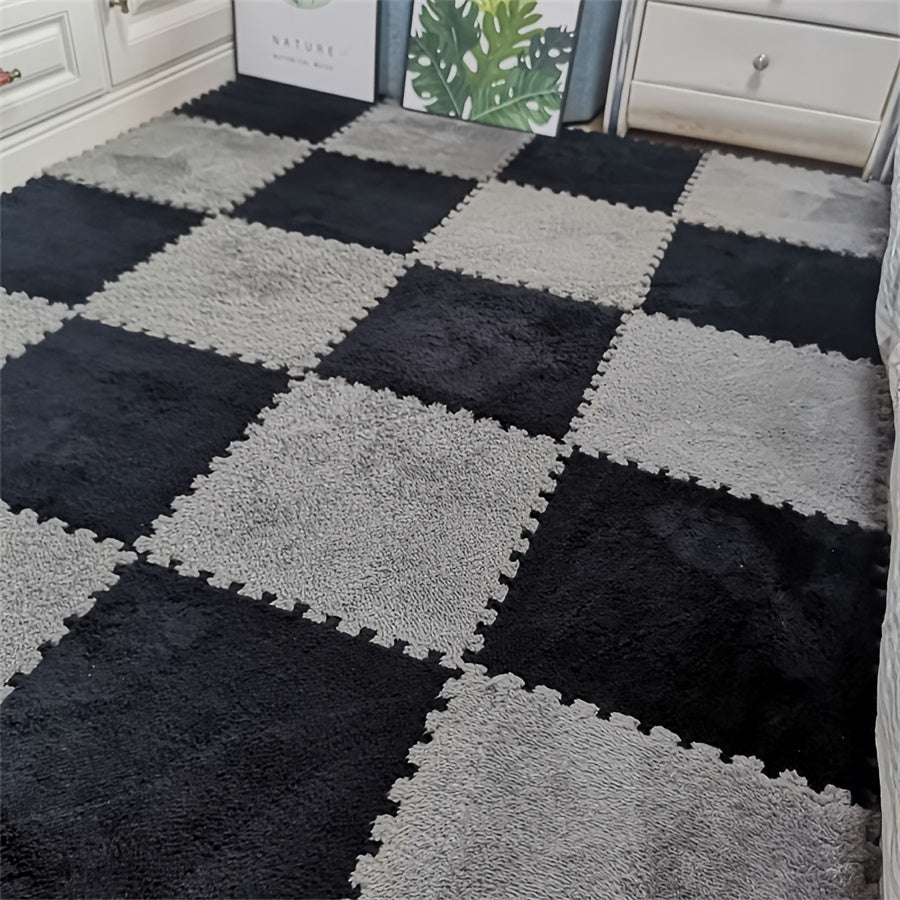 Set of 12 Interlocking Square Carpet Tiles - Made of Soft Polyester, Easy to Hand Wash, Ideal for Decorating Living Room & Bedroom, Each Tile Measures 29.97x29.97 cm