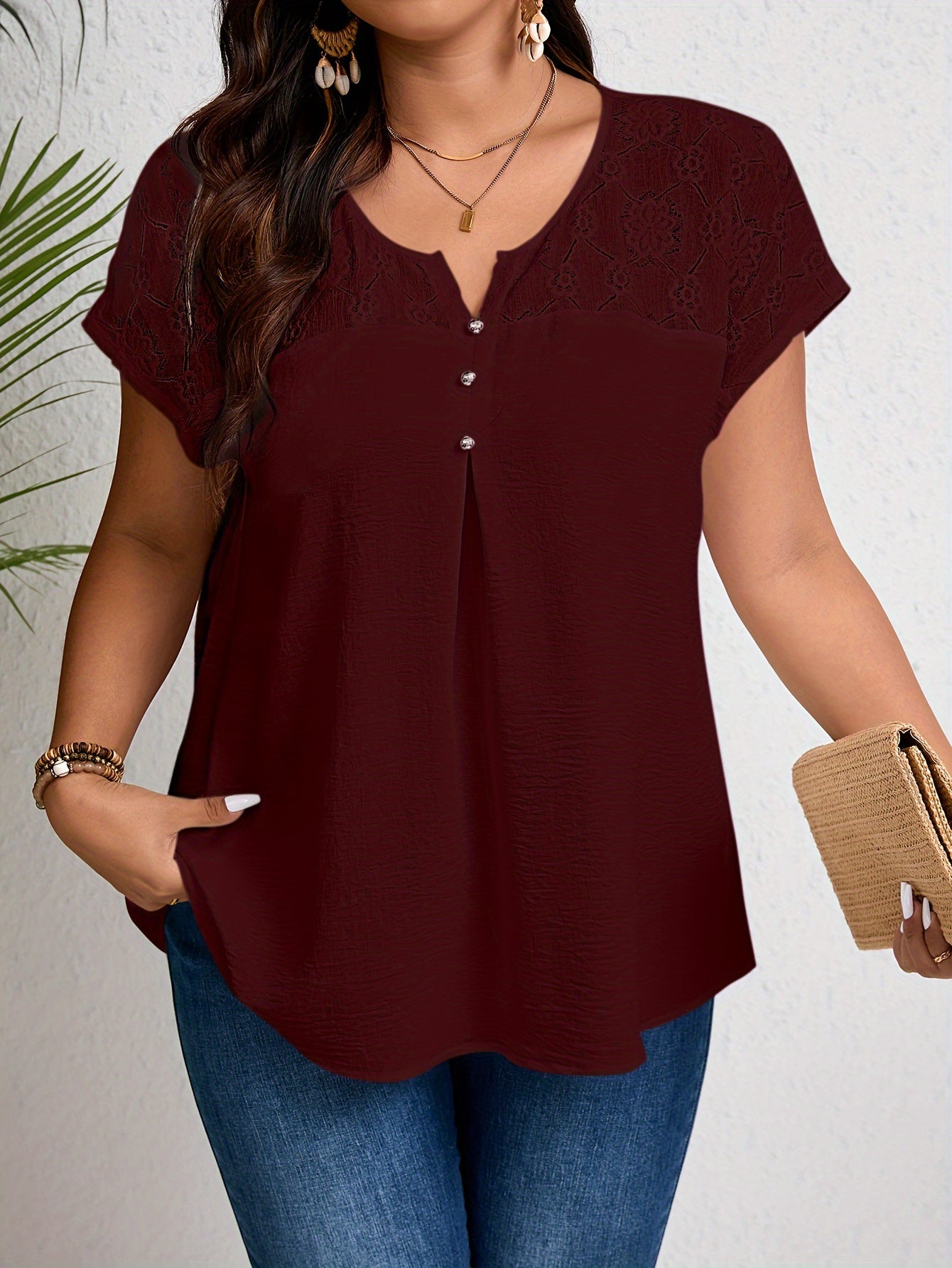 Plus Size Lace Top with Button Details, Short Sleeve Notched Neck, Perfect for Spring & Summer