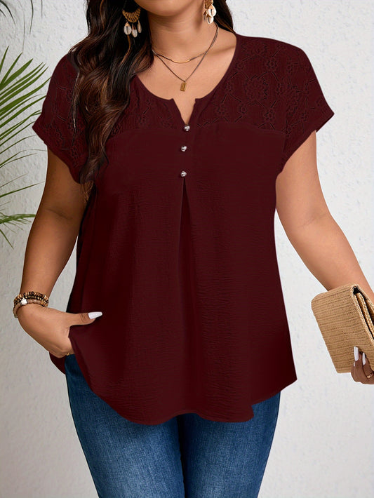 Plus Size Lace Top with Button Details, Short Sleeve Notched Neck, Perfect for Spring & Summer