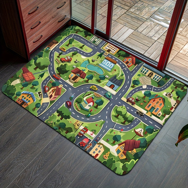 Green cartoon village design carpet suitable for use in children's rooms, bathrooms, kitchens, living rooms, bedrooms, interior doors, and entryways. The carpet has a thickness of 8mm and can be machine washed. Ideal for adding a decorative touch to your