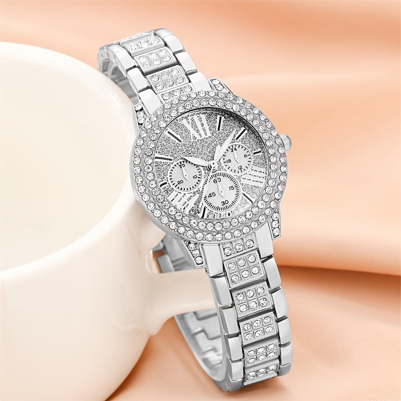 Elegant women's round quartz watch set with simple zinc alloy bracelet, electronic movement, non-wireless, non-rechargeable battery. Perfect gift for her.