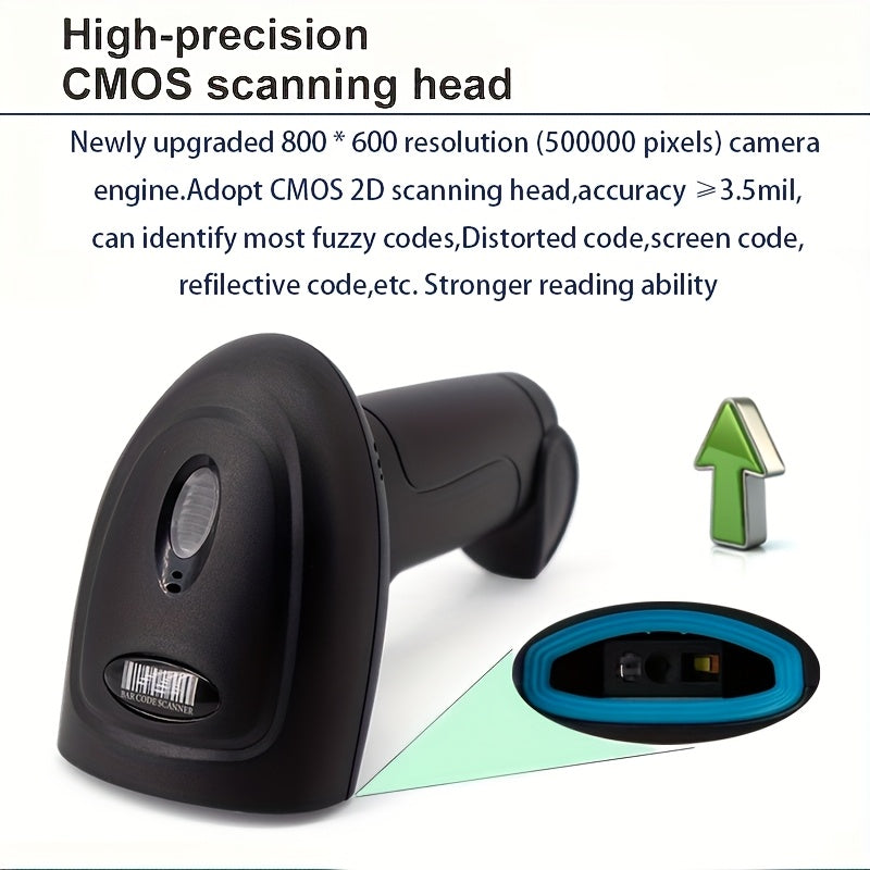 Handheld 2D barcode scanner with USB wired and wireless connection, ideal for retail, warehouse, and mobile payments. Features high-performance CMOS sensor, portable and rechargeable