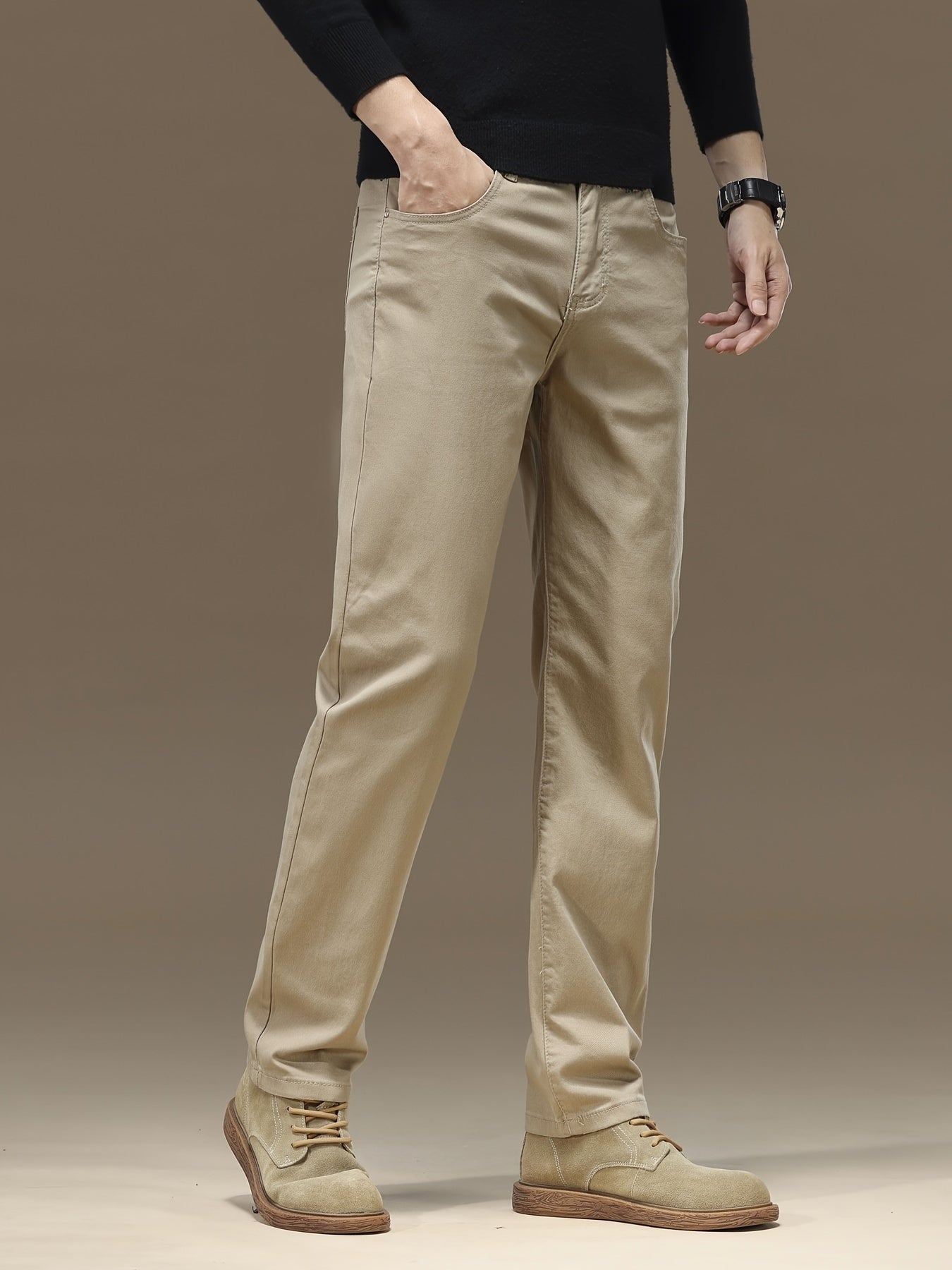 Men's cotton chinos with slight stretch and button fly closure - versatile for casual or business wear all year round