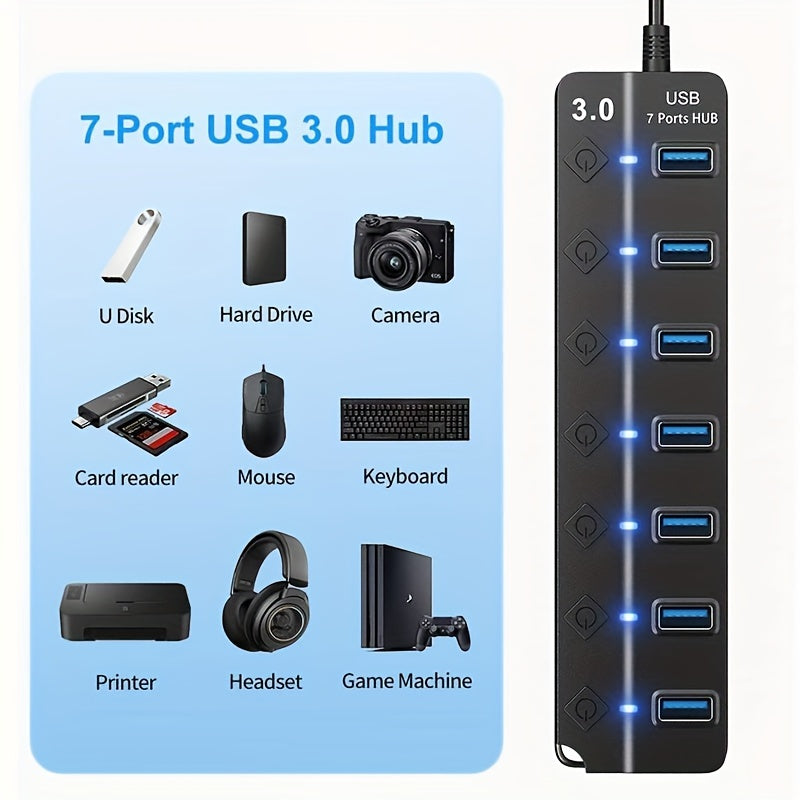 Компактный 7-портовый USB 3.0 хаб с индикаторами LED, выключателями, удлинительным кабелем - Высокоскоростная передача данных, портативный дизайн для различных устройств - Черный