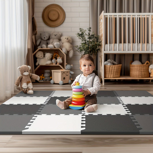 Soft and waterproof PE foam playmat designed for babies and kids. Includes 12/16 interlocking floor tiles with carry edges for indoor and outdoor play areas. Non-toxic crawling mat with a cushioned and spliceable design. Each tile measures 31.5cm and