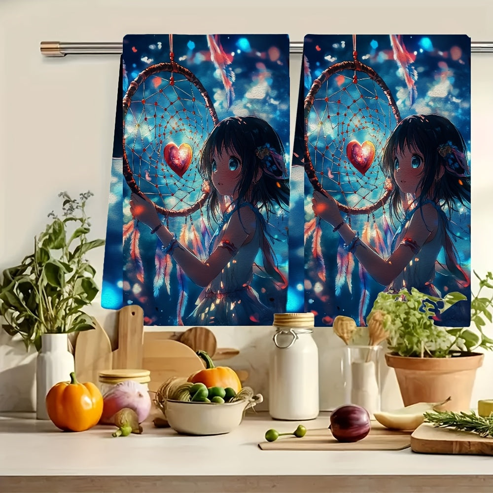 This set includes two ultra-soft kitchen towels with a charming anime girl crafting a heart-shaped dreamcatcher. These dish towels are highly absorbent, great for holiday decor, and can be easily cleaned in the washing machine. Each towel measures