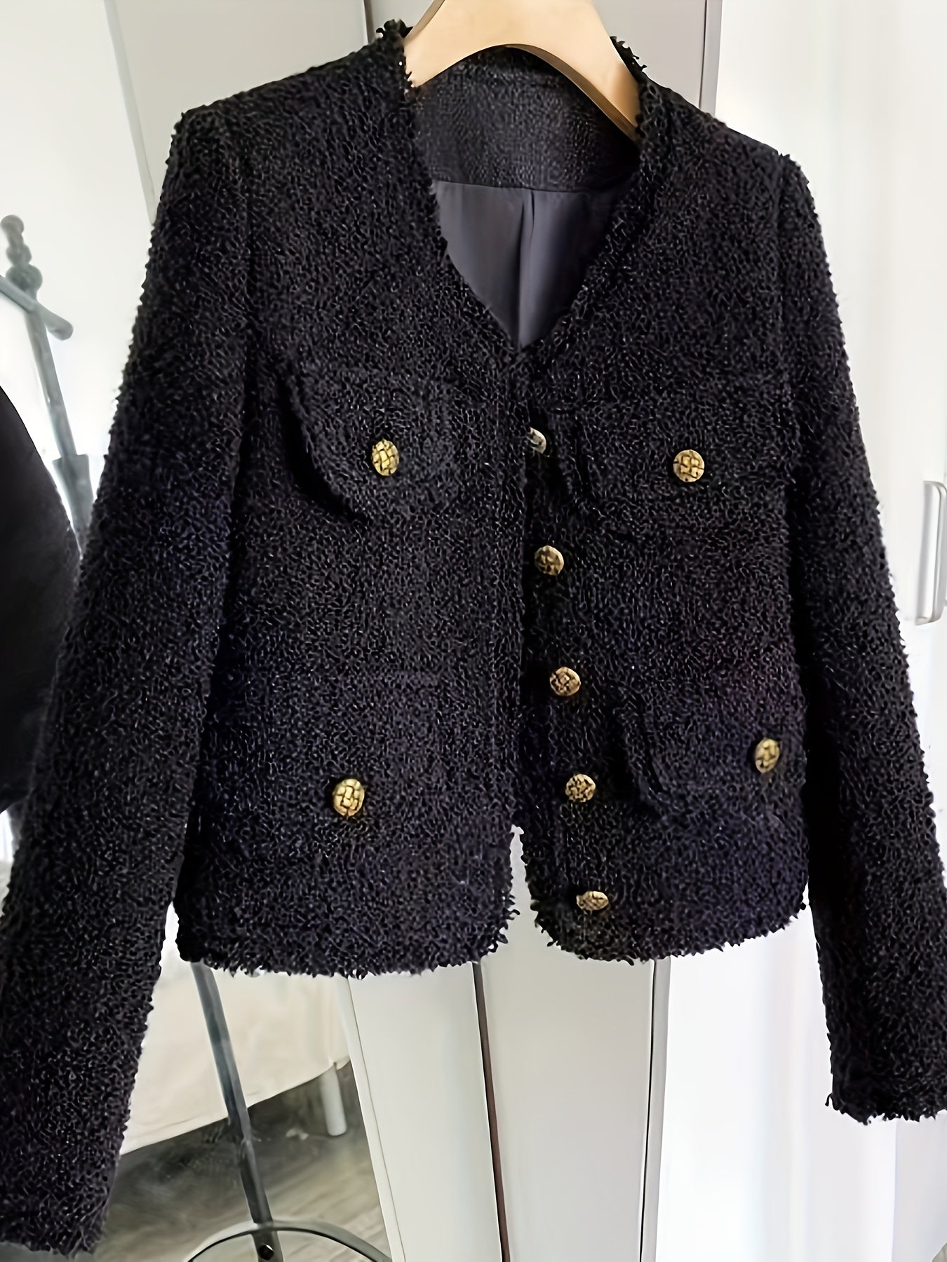 Textured V-neck coat in solid color for fall & winter, women's fashion.