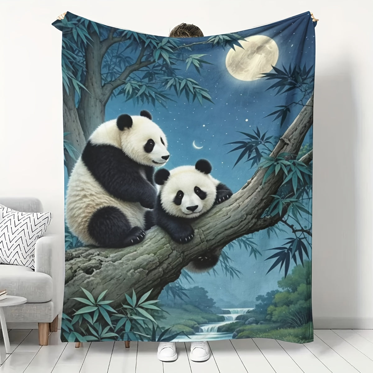 Soft and cozy all-season flannel throw blanket featuring a panda print on a moonlight scene. Perfect for gifting on holidays, birthdays, and Christmas. Made of 100% polyester, this blanket is perfect for bed, sofa, living room, or bedroom decor. Enjoy