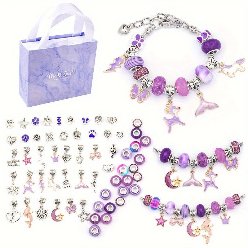 Charm Bracelet Making Kit with 63 pieces, includes large hole pendant, beads, chain accessories and an exquisite gift box for handmade DIY jewelry. Perfect as a jewelry gift set.