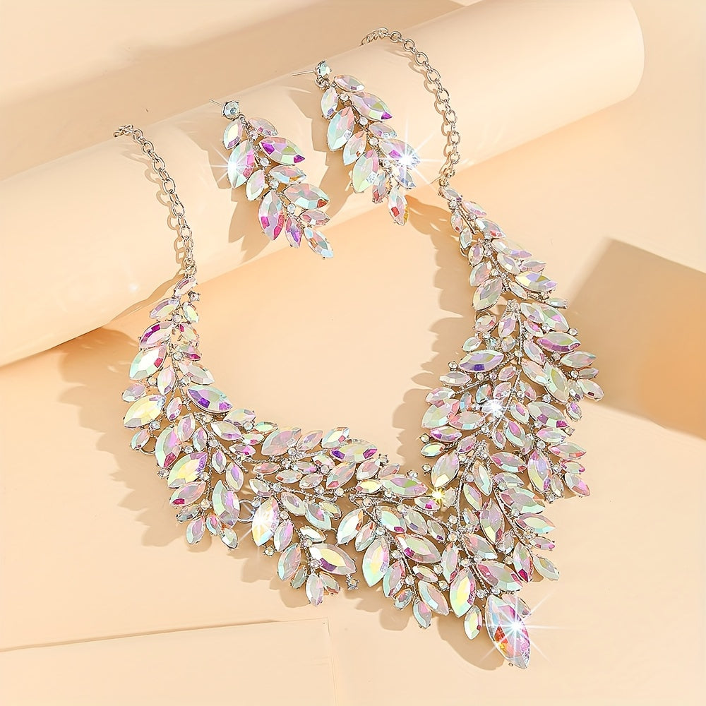 Luxurious wedding jewelry set crafted with fine materials and adorned with shimmering artificial crystals. This exquisite 3-piece set includes a necklace and earrings, perfect for weddings and special events. A timeless gift for any occasion, making it