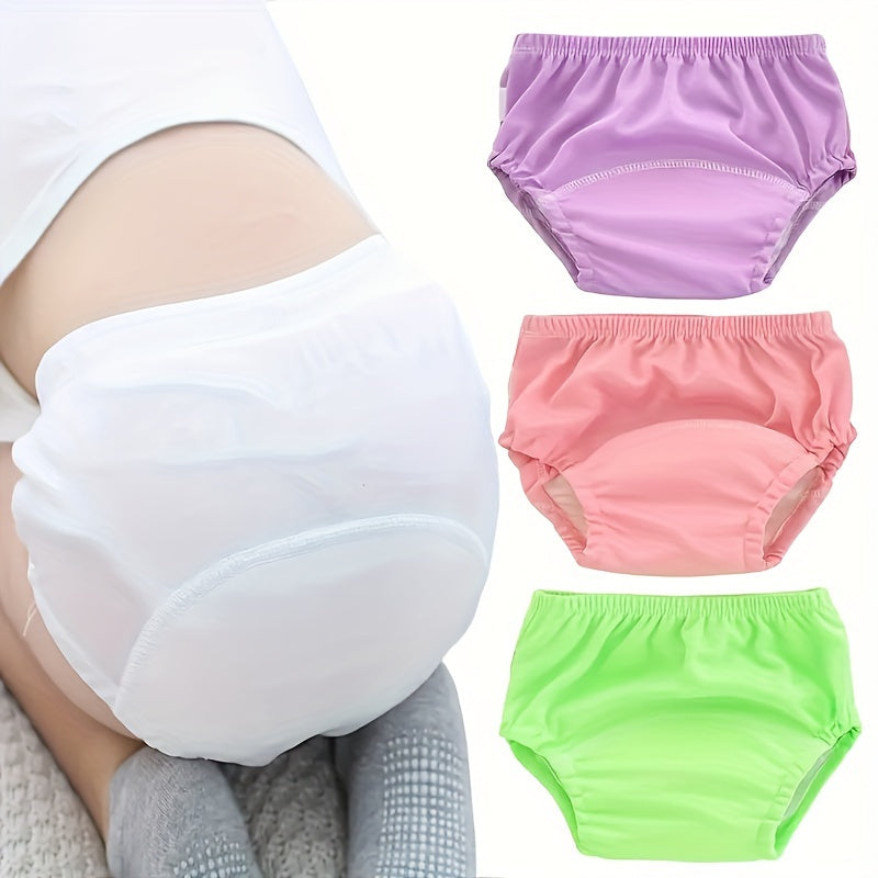 Soft and breathable polyester training pants set of 3 - Comfortable, washable underwear for potty training in a variety of colors: White, pink, purple, green, blue, yellow