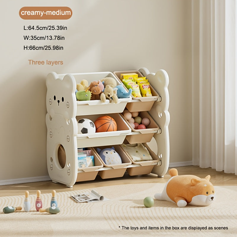 3-tier storage organizer with bins for toys, books, and clothes. Ideal for playroom and bedroom.