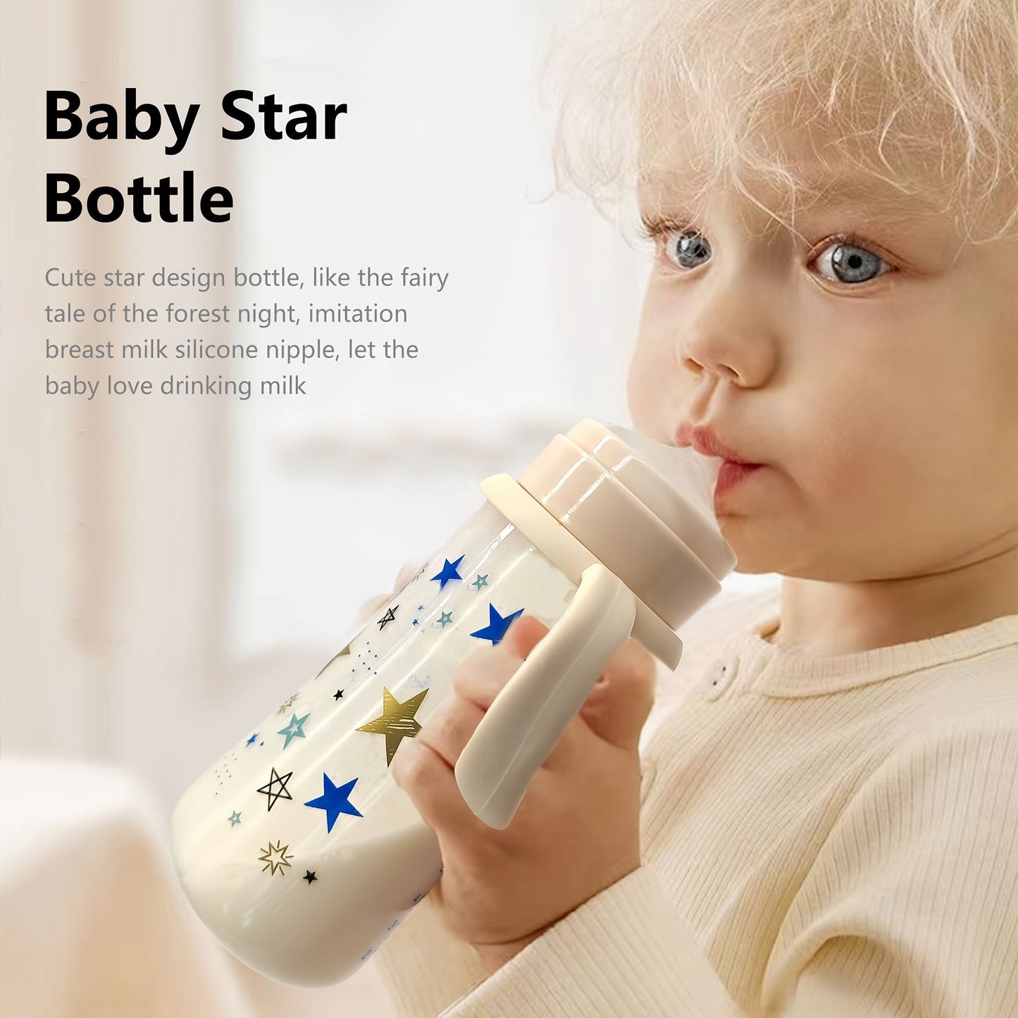 330ml Large Capacity Bottle with Wide Diameter, Handles, and Fall Resistant PP Material. Featuring a Cartoon Star Pattern, this is a Feeding Bottle ideal for Babies.