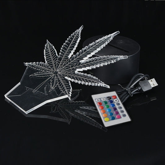 One Unit of 3D Cannabis Leaf LED Night Light, Acrylic Optical Illusion Desk Lamp with Remote Control and Touch Control, featuring 16 Color Changes. This Decorative Table Lamp is perfect for Home Decor and suitable for Ages 14+.