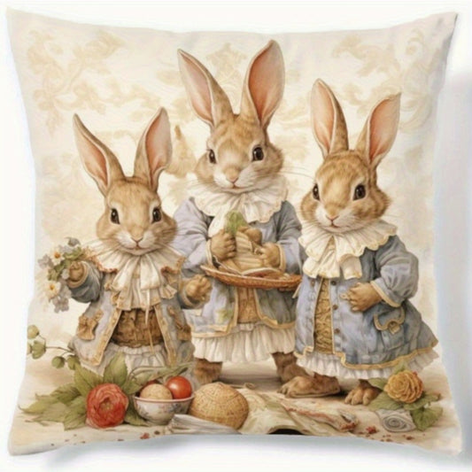 Polyester throw pillow cover with cute cartoon rabbit print, size 44.96x44.96cm. Ideal for sofa, office chair, car, or bedroom decor. Single-sided design in contemporary style. Pillow core not included.