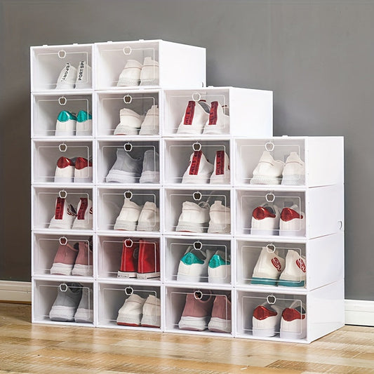 Set of 12 Large White Shoe Boxes, Transparent Plastic Storage Containers, Versatile Shoe Organizer for Dorm Rooms, Maximizes Space, Stackable Design, Easy Access Flip-Top Lid, Not Waterproof, Ideal for Home & Kitchen Organization