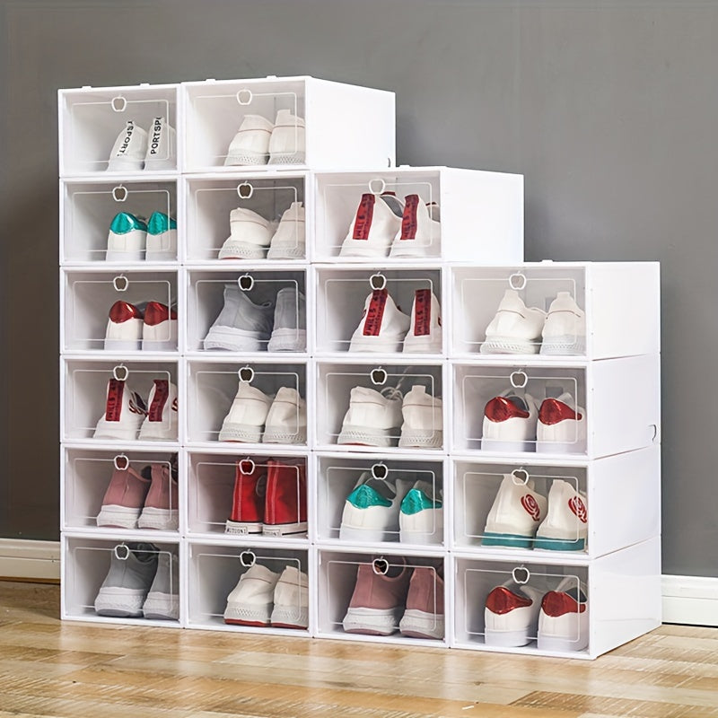 12 clear shoe boxes with hinged lids, collapsible storage containers, drawer-style clear shoe organizer, plastic shoe holder, multi-tier space-saving storage system.