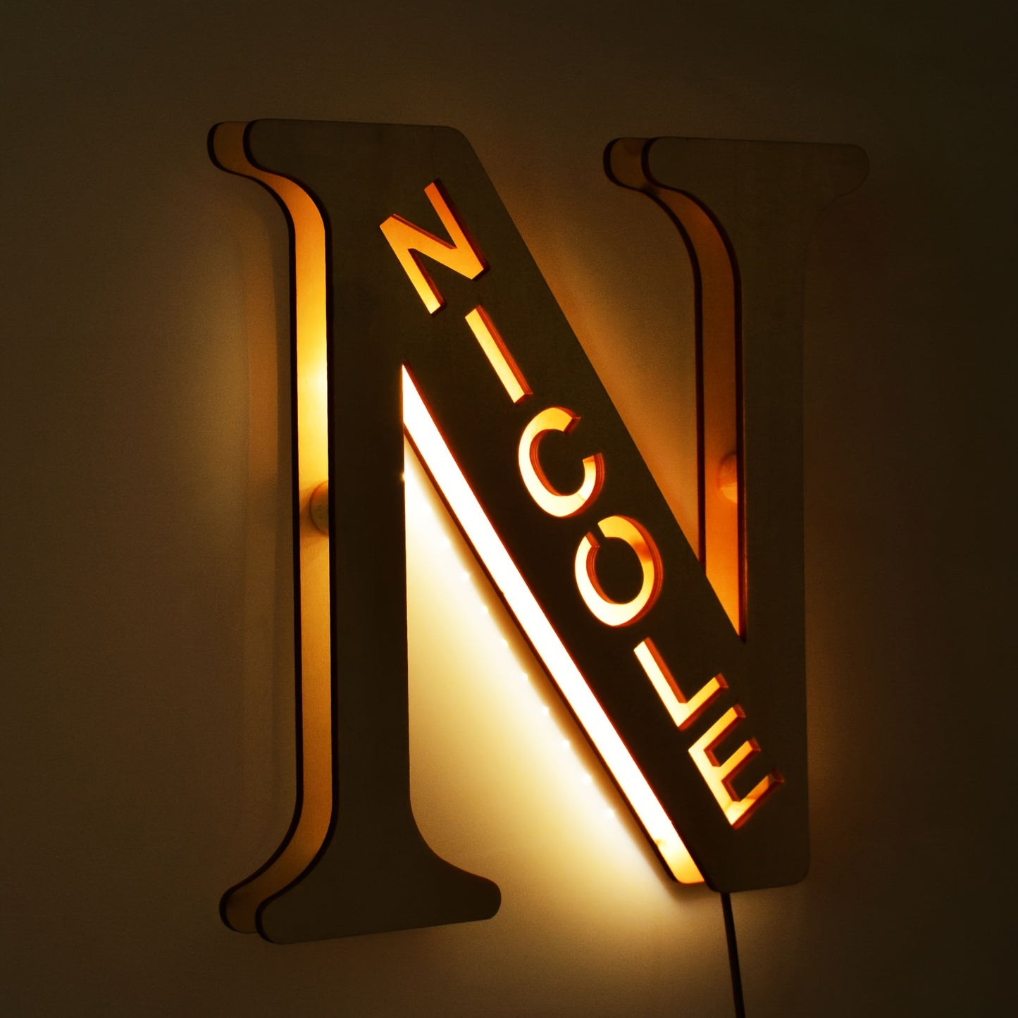 Custom LED letter night light for couples, friends, and family - personalized wooden wall lamp powered by USB. Ideal for bedroom decor with custom uppercase letters.