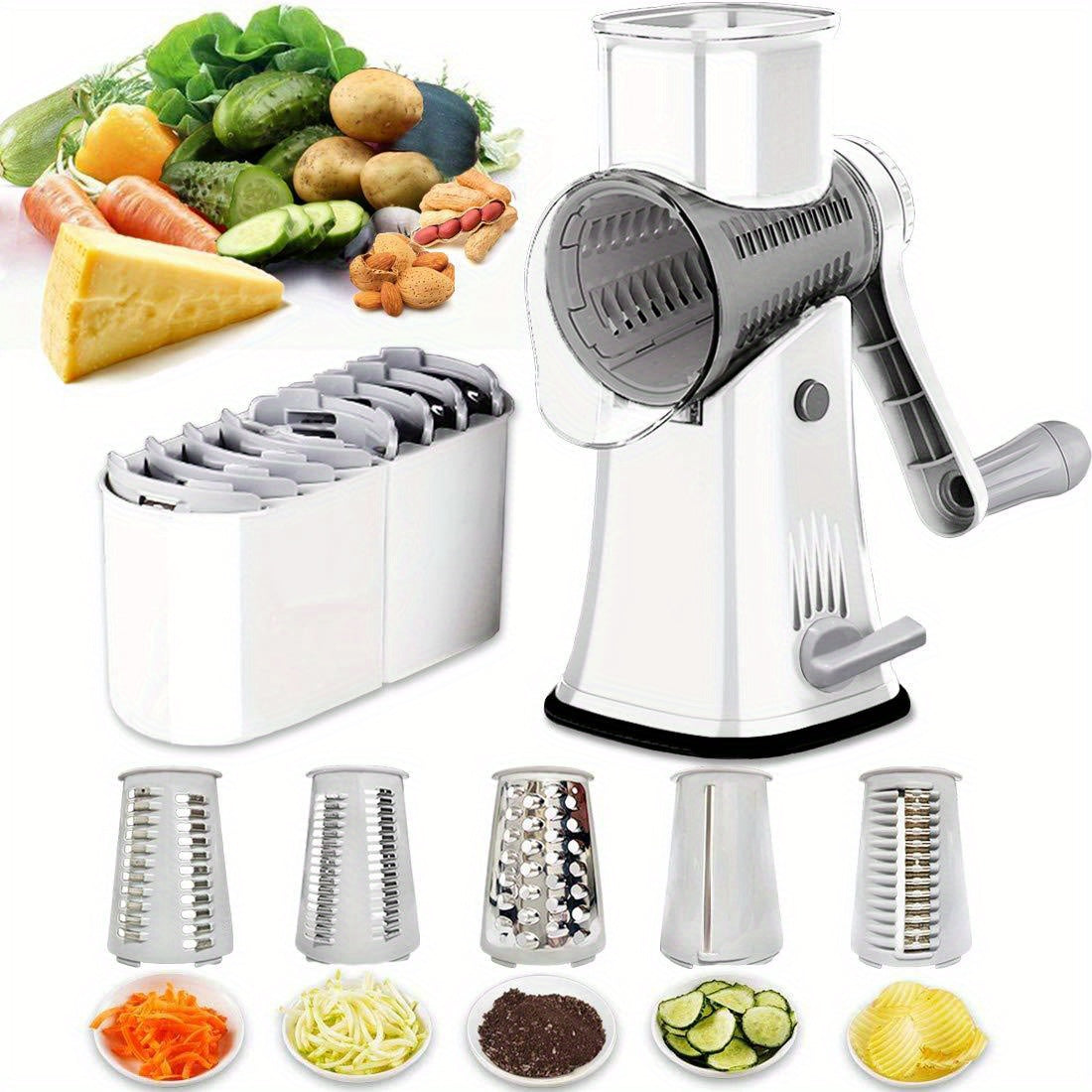 One piece, 5-in-1 rotary cheese grater and shredder, vegetable slicer, multifunctional fruit slicer, manual food grater, and cutter with a powerful suction base. Perfect for grating potatoes and chopping household vegetables. Essential kitchen gadget and