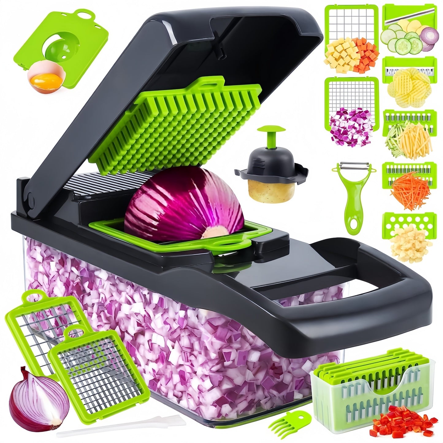 Set of 16 multifunctional vegetable slicers with interchangeable blades, a semi-automatic kitchen gadget designed for shredding potatoes and onions. Includes tools for grating, food processing, and other kitchen tasks.