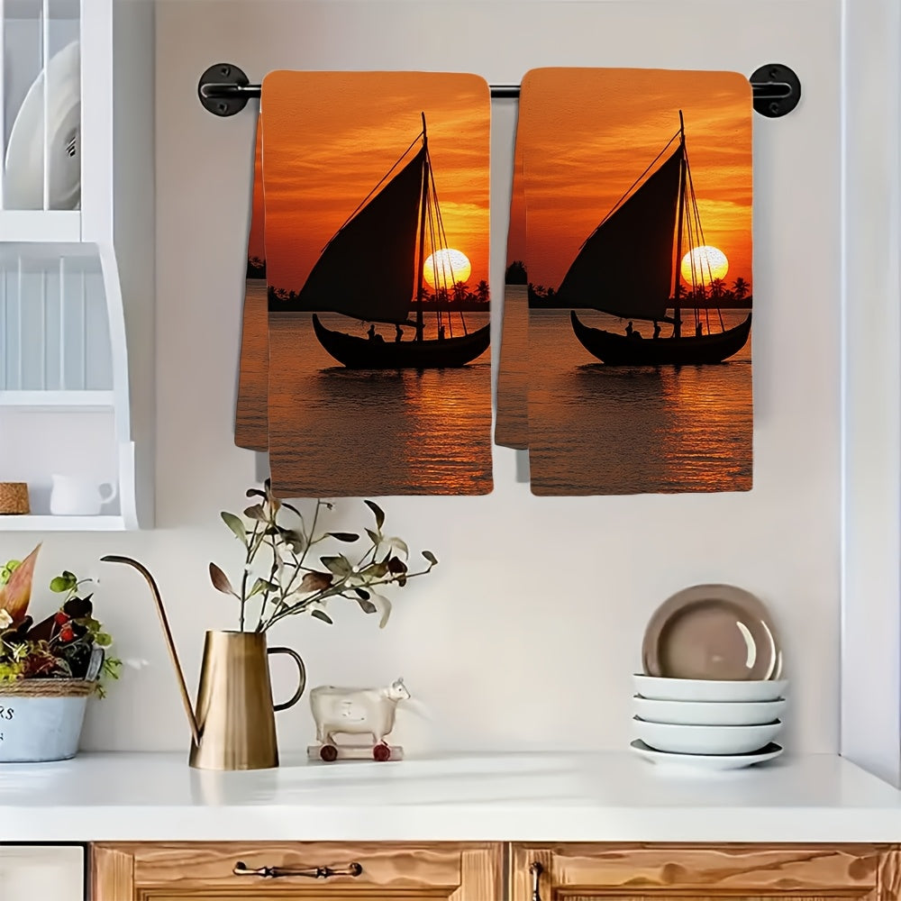 Set of 2 Ultra Soft Kitchen Towels featuring a beautiful Indian Ocean sunset sailboat scene. These towels are highly absorbent and machine washable, measuring 40.64x60.96 cm. Perfect for coastal decor and using as dish towels.