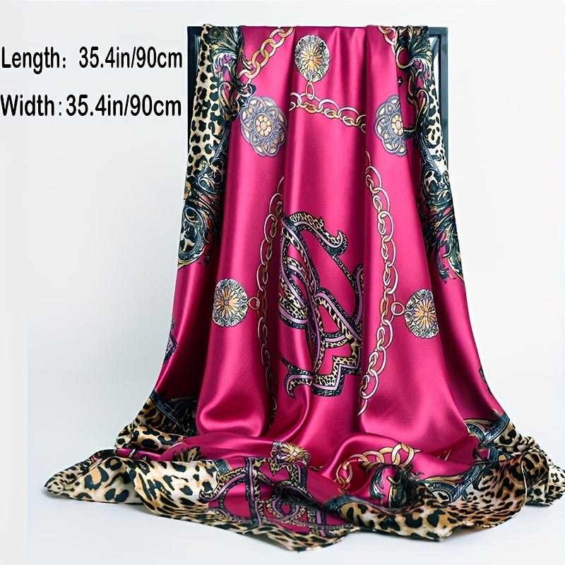 Luxurious 88.9cm square satin scarf for women featuring classic leopard and chain print. Made of soft polyester fabric, suitable for outdoor fashion as a versatile head wrap and shawl.