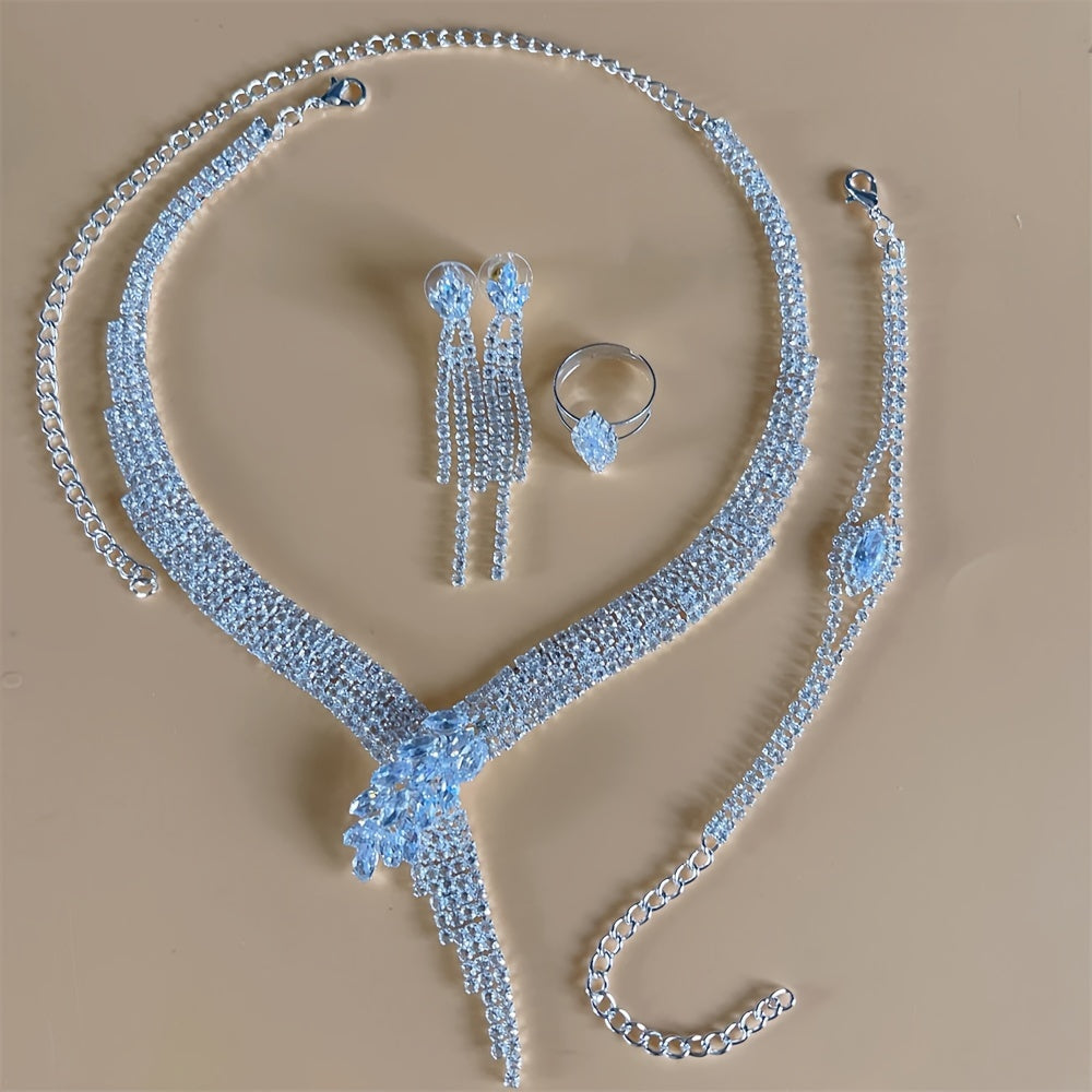 Extravagant 4-piece Rhinestone Tassel Jewelry Set - Includes Necklace, Earrings, Bracelet, and Ring - Ideal for Special Events and Formal Occasions