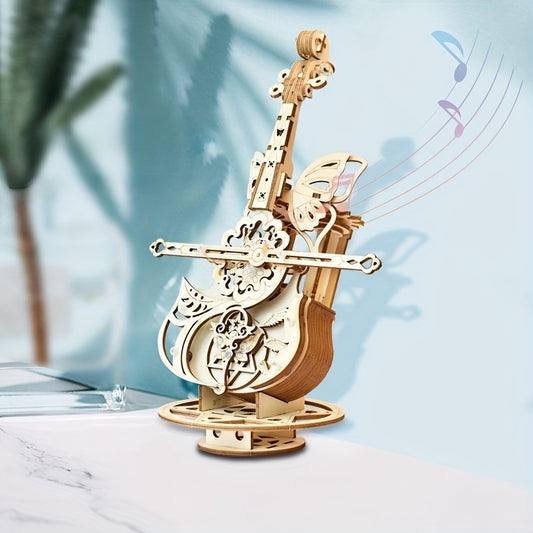 Handmade 3D wooden music box cello assembly model, perfect for Valentine's Day, holidays, and birthdays.