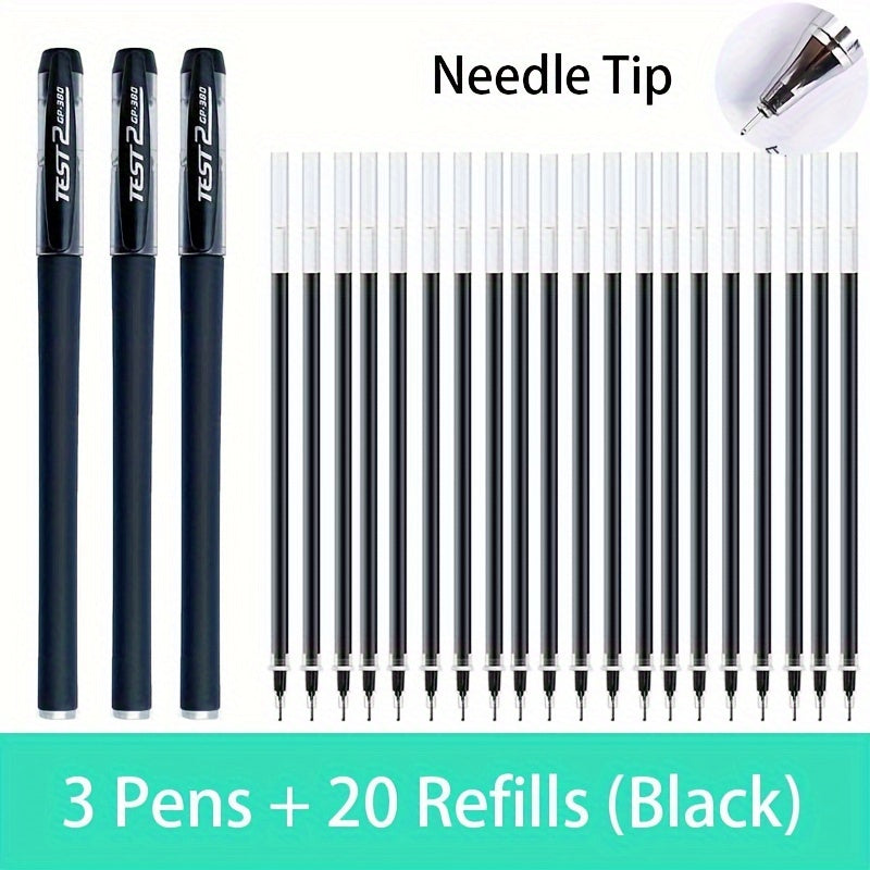 Set of gel pens in black, blue, and red with 0.5mm bullet tips for school and office supplies, kawaii stationery accessories.