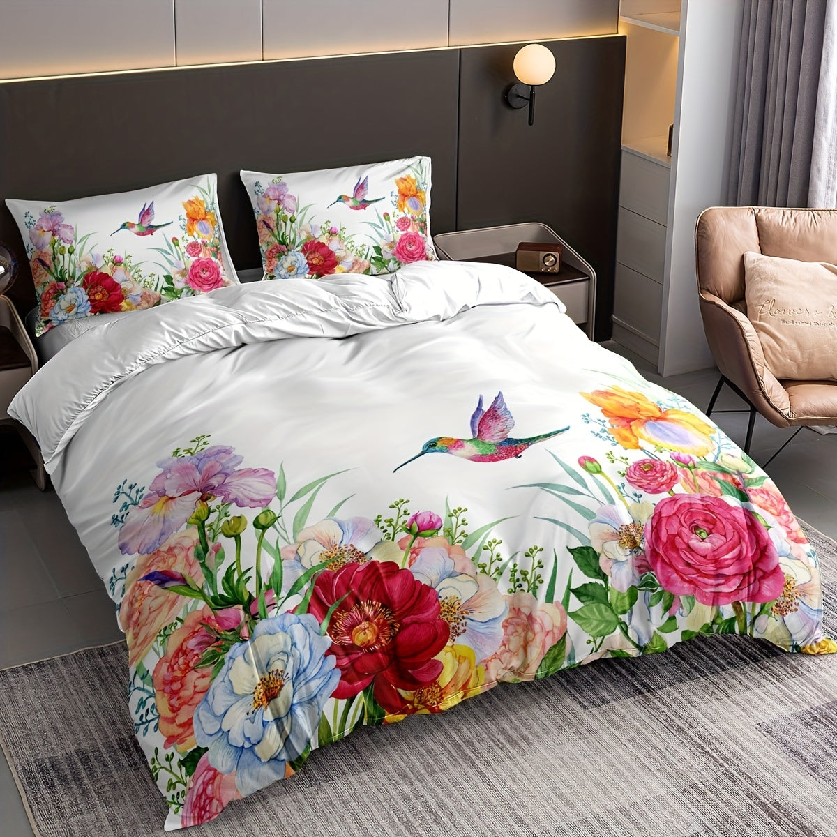 Set of 3 Duvet Covers with Floral Bird Print, Soft and Breathable Bedding Set for Bedroom or Guest Room. Includes 1 Duvet Cover and 2 Pillowcases (Does not include core).