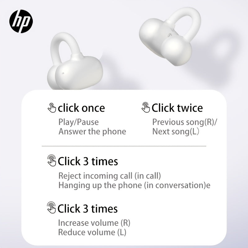 HP FreeClip Wireless Earbuds with active noise cancellation, touch control volume, type-C charging, condenser mic, and USB rechargeable lithium polymer battery compatible with cellphones