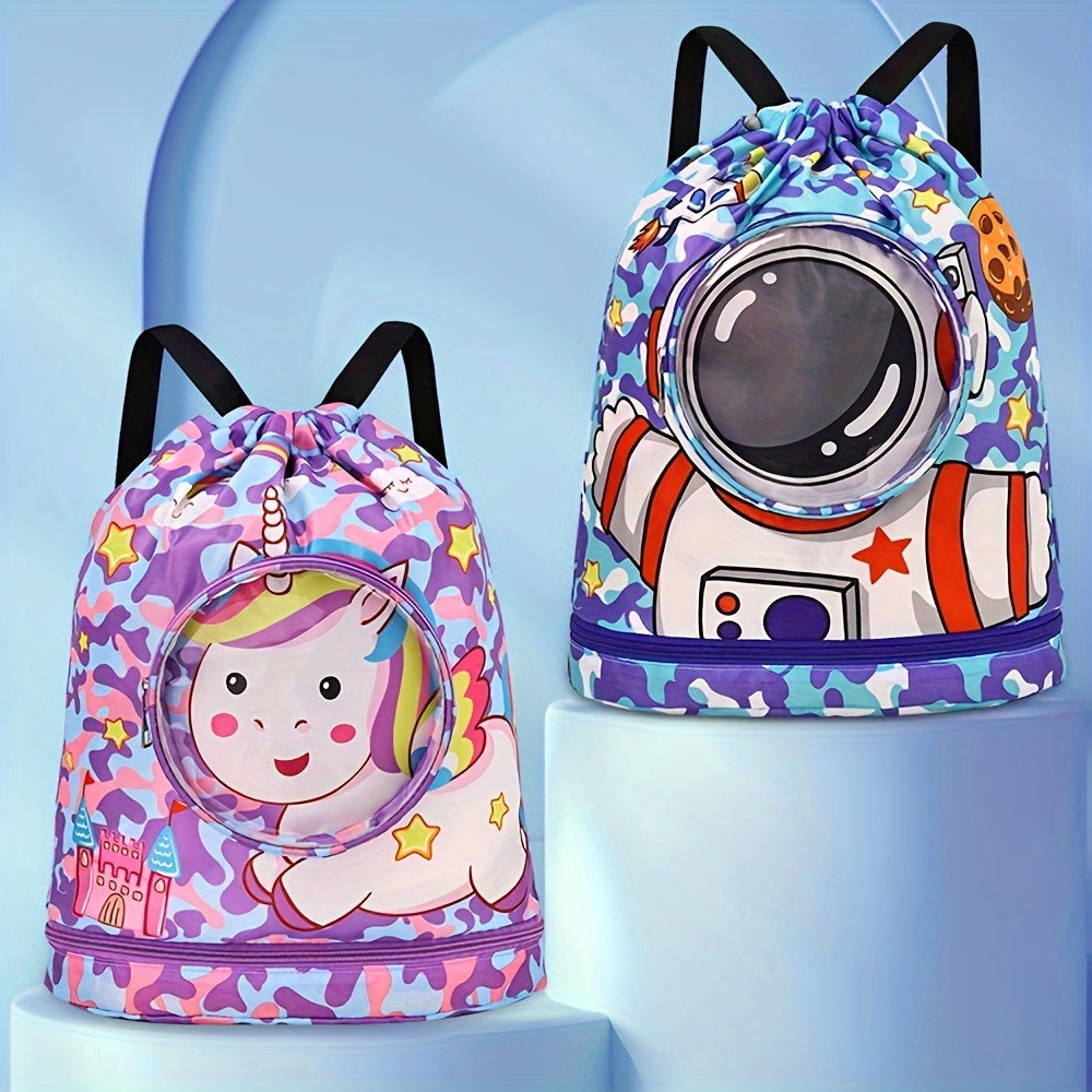 Purple swim bag with dry/wet separation, stylish cartoon design, ideal for sports and travel.