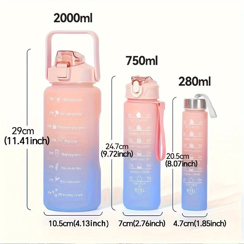 Motivational water bottle set with various sizes for outdoor activities and fitness, great as birthday gifts.