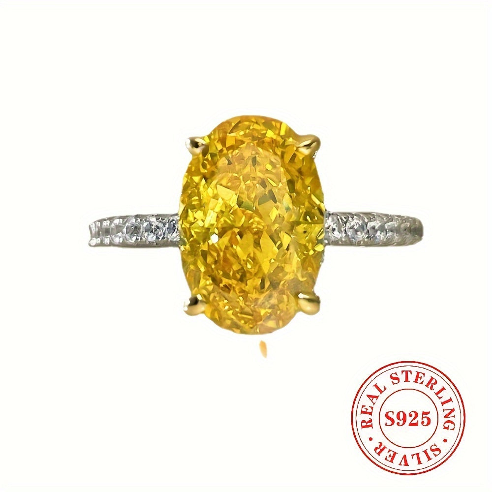 Sleek and stylish S925 sterling silver ring featuring a stunning large yellow oval-cut cubic zirconia stone. This AAA grade zirconia engagement ring is perfect for women and is gift-ready for special occasions such as banquets and Thanksgiving. Versatile