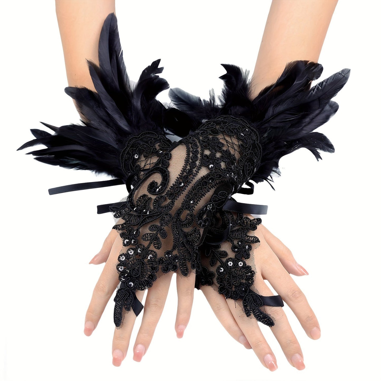 Chic Gothic-inspired gloves with faux feathers, monochrome lace, sequins, and lace-up hooks. Perfect for Halloween parties or dressing up your wrists.