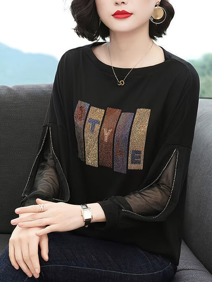 Women's rhinestone embellished loose-fit blouse with letter pattern design, made of polyester knit with mesh panels and a round neck for spring/autumn.