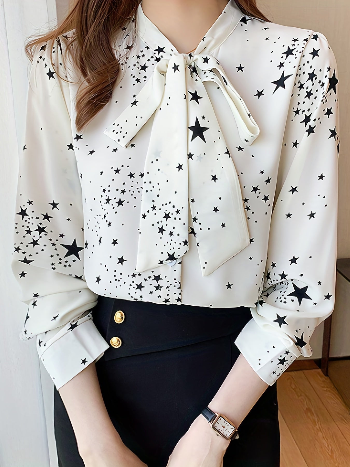 Chic long sleeve blouse with bow tie detail, made of 100% polyester and machine washable. Perfect for spring and fall fashion.