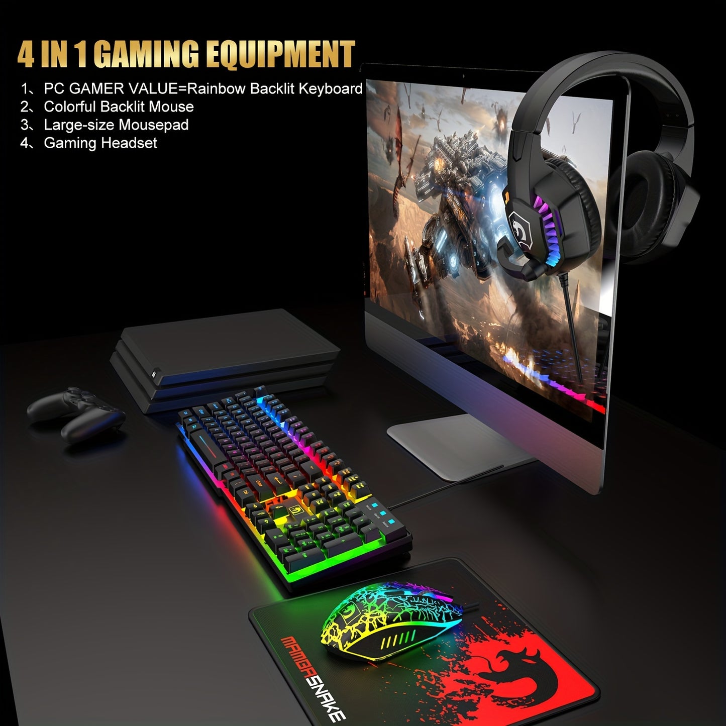 Combo set includes rainbow LED backlit wired gaming keyboard, over ear headphone with mic, rainbow backlit gaming mice, mouse pad for PC, laptop, Mac, PS4, Xbox.