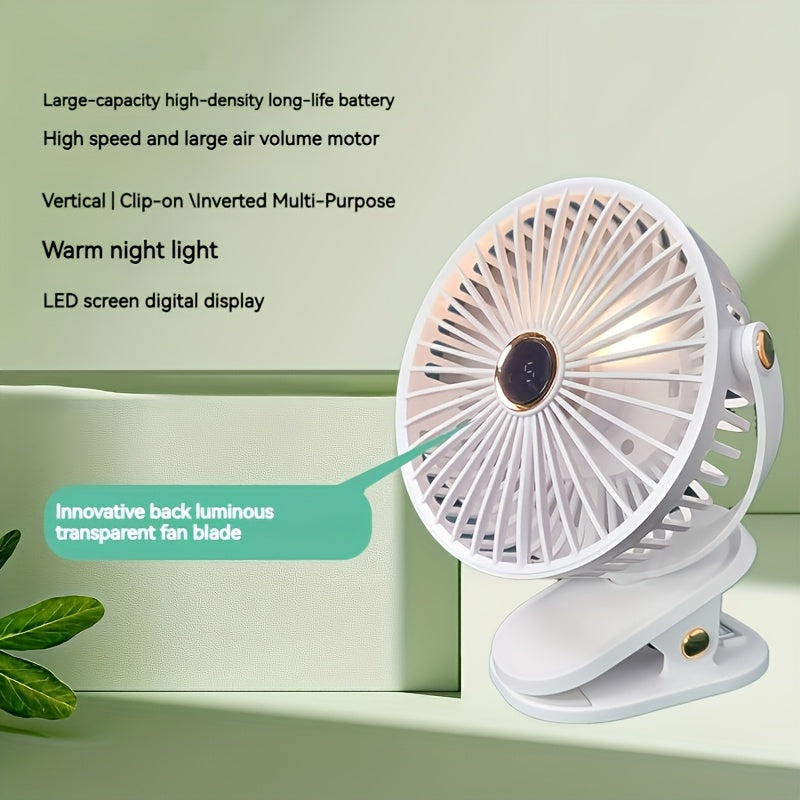 Compact LED Display Mini Desk Fan with USB Charging Clip, Night Light Feature - Quiet High-Speed Motor, Long-Lasting Battery for Office, Fishing, Camping, and Travel.