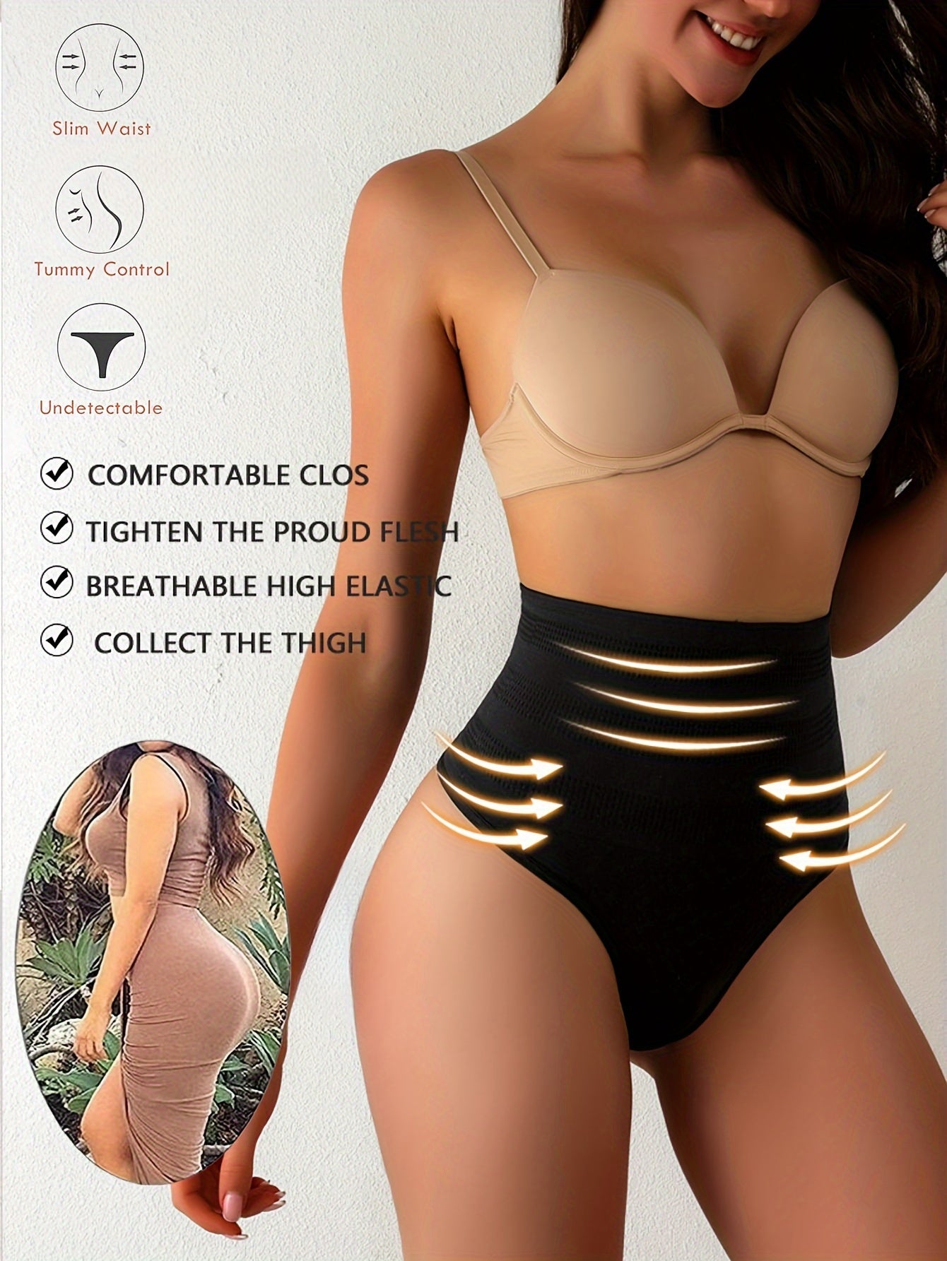 High waist shaping thong for women with tummy control and buttocks lifting and shaping features.