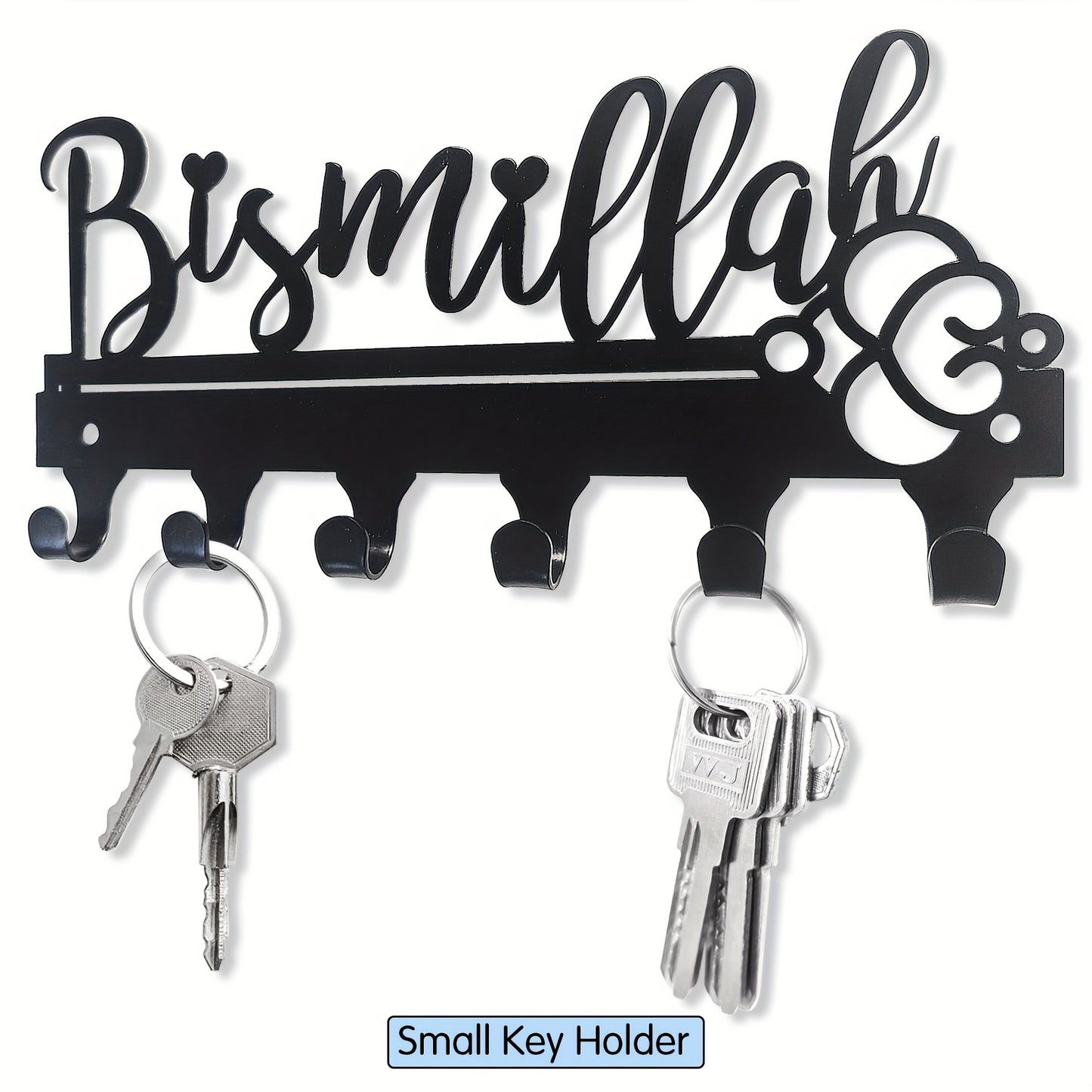 1-pc Bismillah Metal Key Holder: Black decorative wall-mounted key organizer for entryway and kitchen. Wall decor with key hooks, ideal for home and kitchen storage. Wall-mounted version