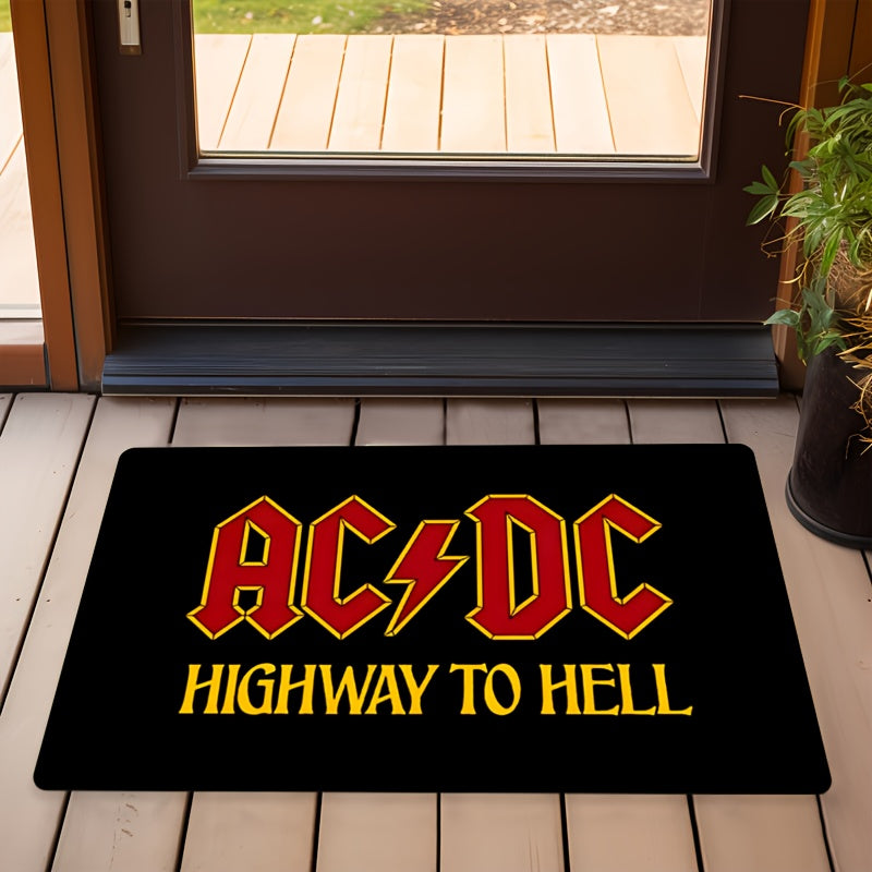 Introducing the 1 piece AC/DC Highway to Hell Welcome Doormat! Made of non-slip polyester material, this machine washable and lightweight rectangle area rug is perfect for any room in your home or office, as well as indoor and outdoor entrances. Make a