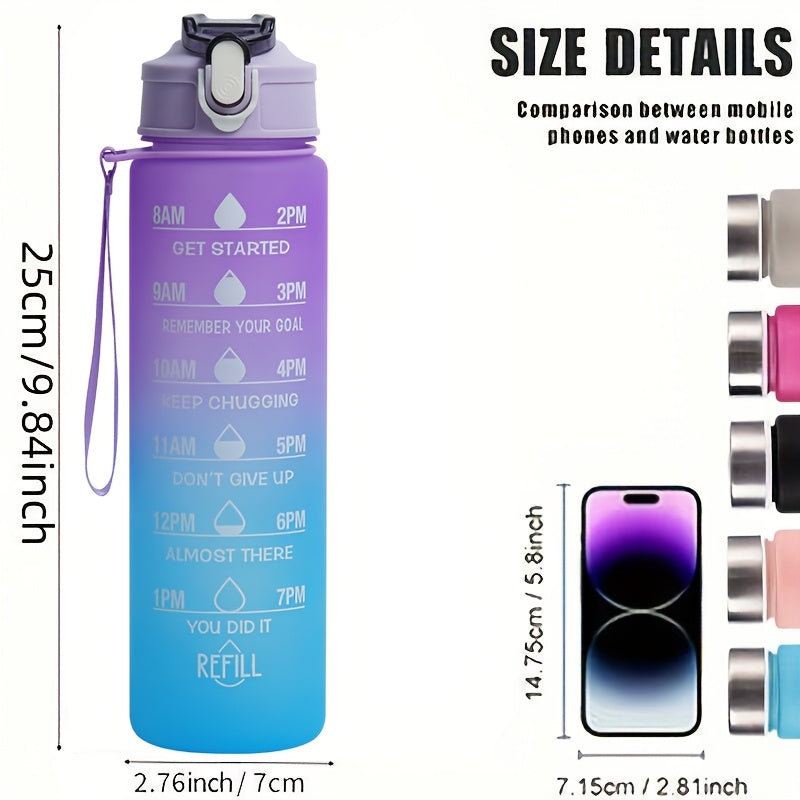 BPA-Free water bottle with time marker and carrying strap for fitness activities. Hand wash only.