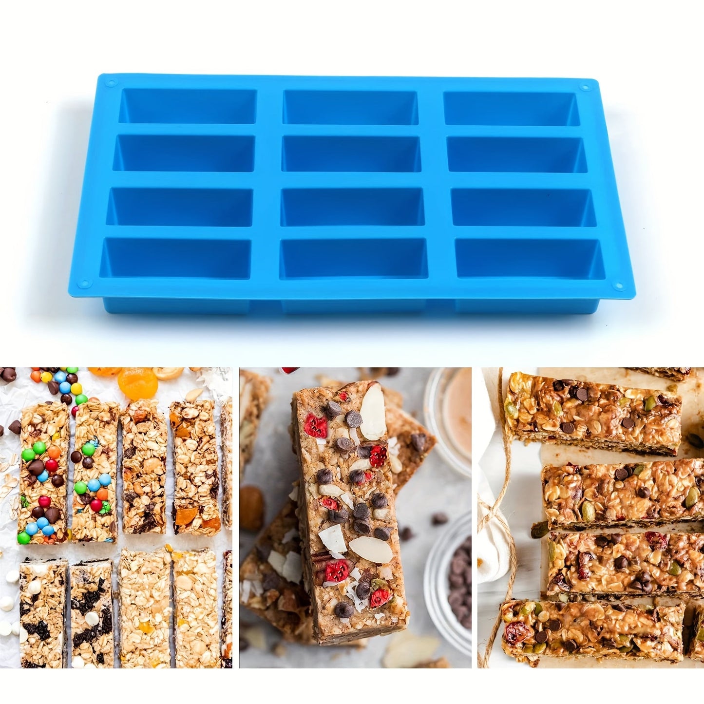 Three sets of 12-cavity large rectangle molds made of silicone for creating nutrition cereal bars, energy bars, and other treats like chocolate truffles, ganache, bread, brownies, cornbread, cheesecake, pudding, and butter. Perfect for baking supplies