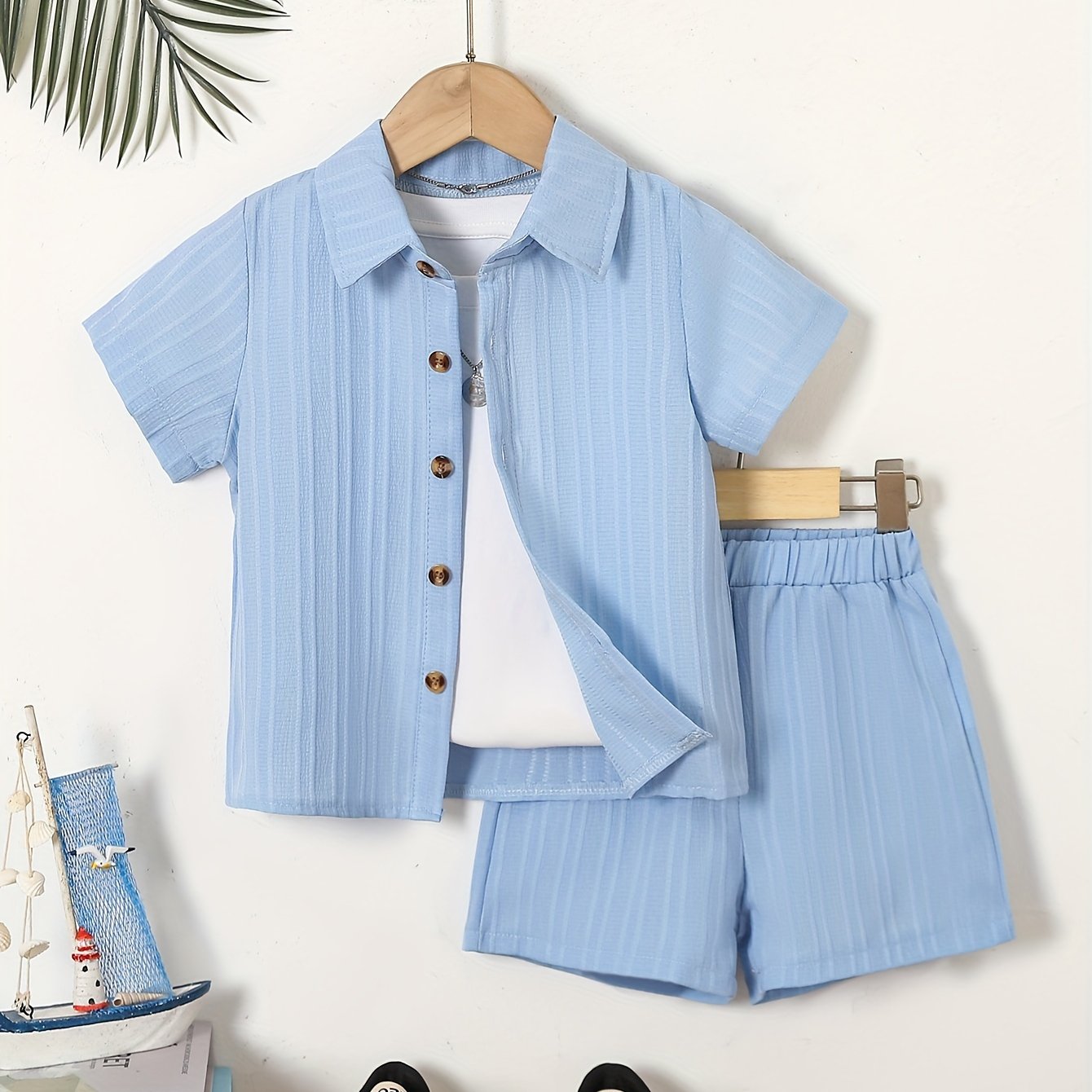 2-piece set of boy's solid color button shirt and shorts, no t-shirt included.