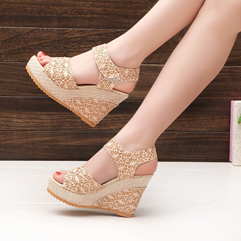 Beige lace platform sandals with round toe, high heel, hook & loop closure, synthetic upper & insole, rubber sole. Perfect for formal events.