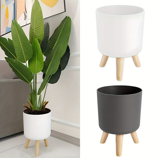 Wooden leg planter for indoor/outdoor use in home or office, suitable for various plants.